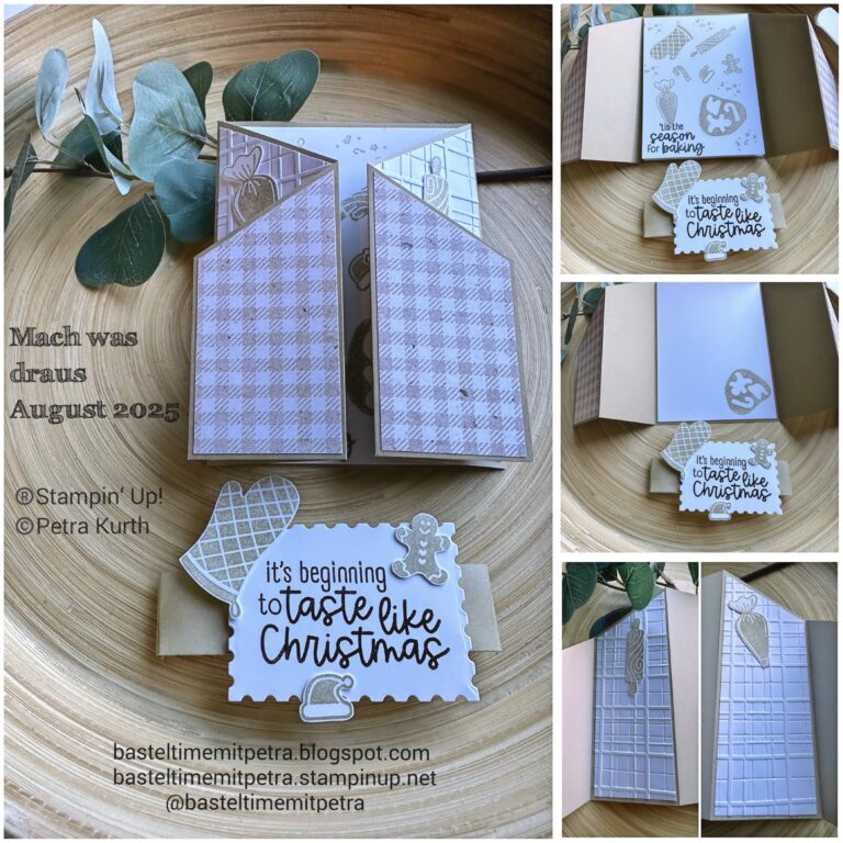 Eine handgefertigte Weihnachtskarte mit einem karierten Klappdesign, Stanzungen zum Thema Backen und dem Satz "It's beginning to taste like Christmas", der in verschiedenen Ansichten aus der Mach was draus Kollektion vom 25. August gezeigt wird.