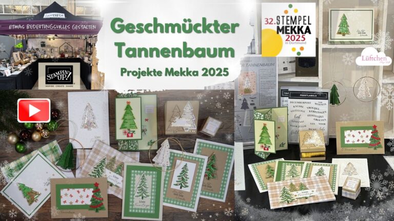 Eine Collage zeigt handgefertigte Weihnachtskarten mit Baummotiven, einen Bastelstand, Schilder für Stempel Mekka 2025 und den Text "Geschmückter Tannenbaum Mekka 2025".