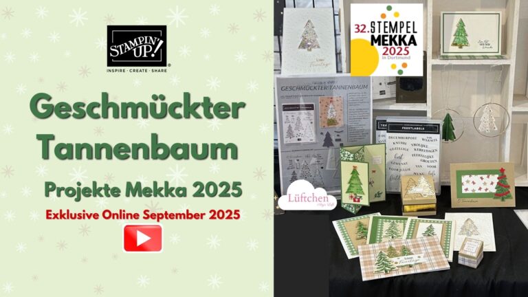 Display mit Bastelprojekten zum Thema Weihnachtsbaum für Geschmückter Tannenbaum Mekka 2025, Werbung für einen Online-Workshop von Stampin' Up! mit Veranstaltungshinweisen und Musterkarten zur Inspiration für Ihre Weihnachtskreativität.