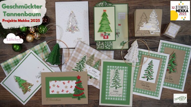 Eine Sammlung handgefertigter Weihnachtskarten mit geschmückten Weihnachtsbäumen, festlichen Ornamenten und Mustern wird auf einer hölzernen Oberfläche ausgestellt - die perfekte Inspiration für Ihre Geschmückter Tannenbaum Mekka 2025-Feier.