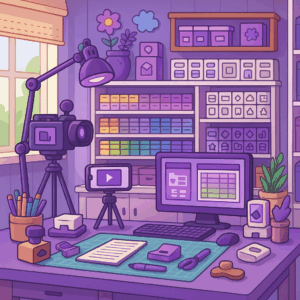 Ein aufgeräumter, farbenfroher Arbeitsbereich mit Kamera, Monitor, Smartphone, Kunstzubehör und geordneten Regalen bildet den Rahmen für einen Techniktreff - Videodreh oder ein kreatives Atelierumfeld. techniktreff