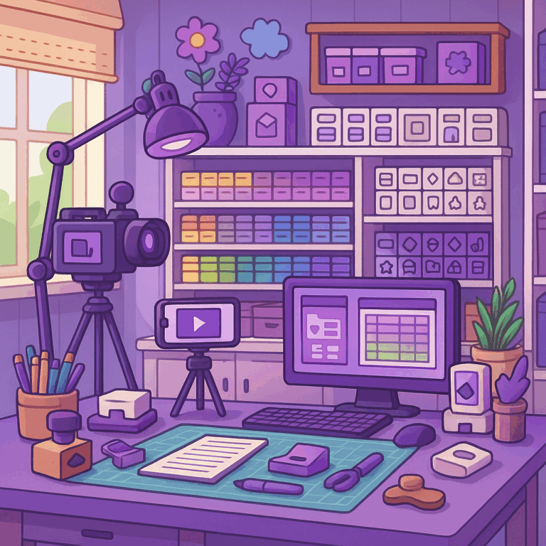 Ein aufgeräumter, farbenfroher Arbeitsbereich mit Kamera, Monitor, Smartphone, Kunstzubehör und geordneten Regalen bildet den Rahmen für einen Techniktreff - Videodreh oder ein kreatives Atelierumfeld. techniktreff