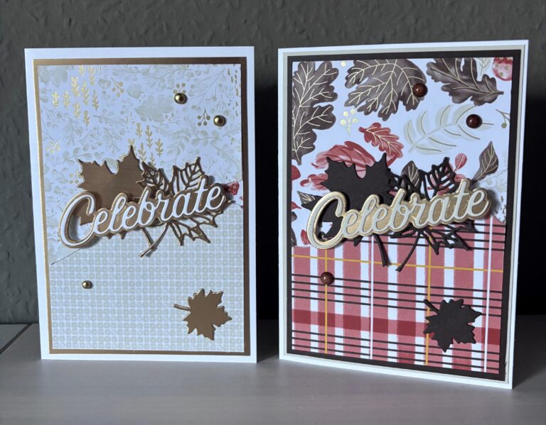 Zwei handgefertigte Grußkarten mit herbstlichen Motiven, Blattausschnitten und "Celebrate" in goldener Schrift auf gemustertem Hintergrund - perfekt für Ihr Kreativprojekt Mach was draus am 25. September.