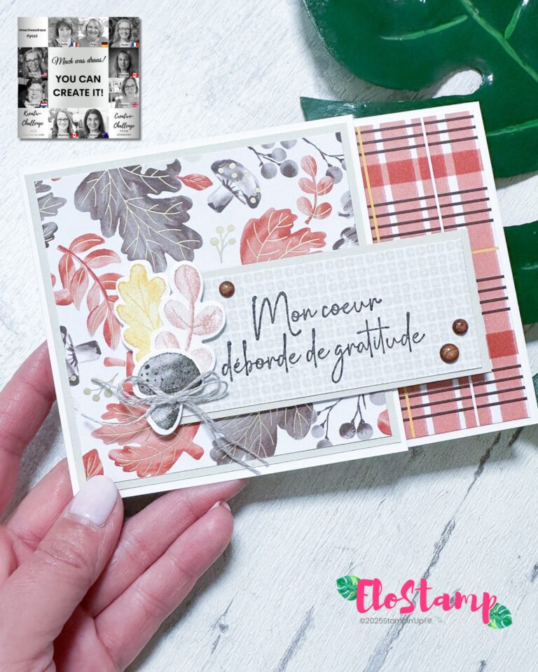 Eine Hand hält eine handgefertigte Karte, die mit Herbstblättern, Karomustern und der französischen Botschaft "Mon coeur déborde de gratitude" verziert ist. In der unteren rechten Ecke befindet sich das FloStamp-Logo, mit dem Mach was draus 25. September gefeiert wird.