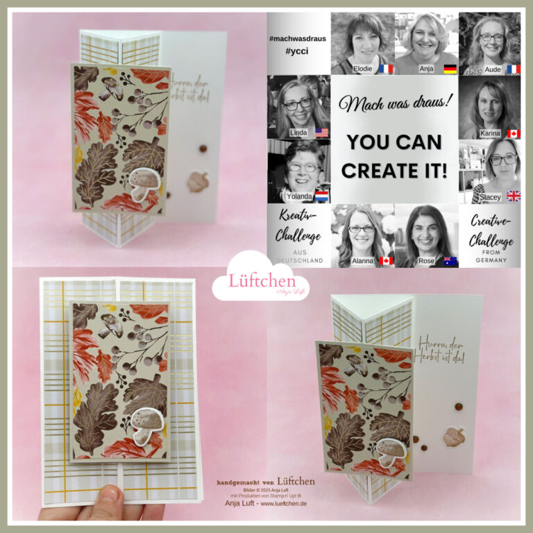 Eine handgefertigte herbstliche Grußkarte wird aus verschiedenen Blickwinkeln gezeigt, zusammen mit einer Collage von Frauen und einem Text, der für den kreativen Wettbewerb Mach was draus am 25. September wirbt.