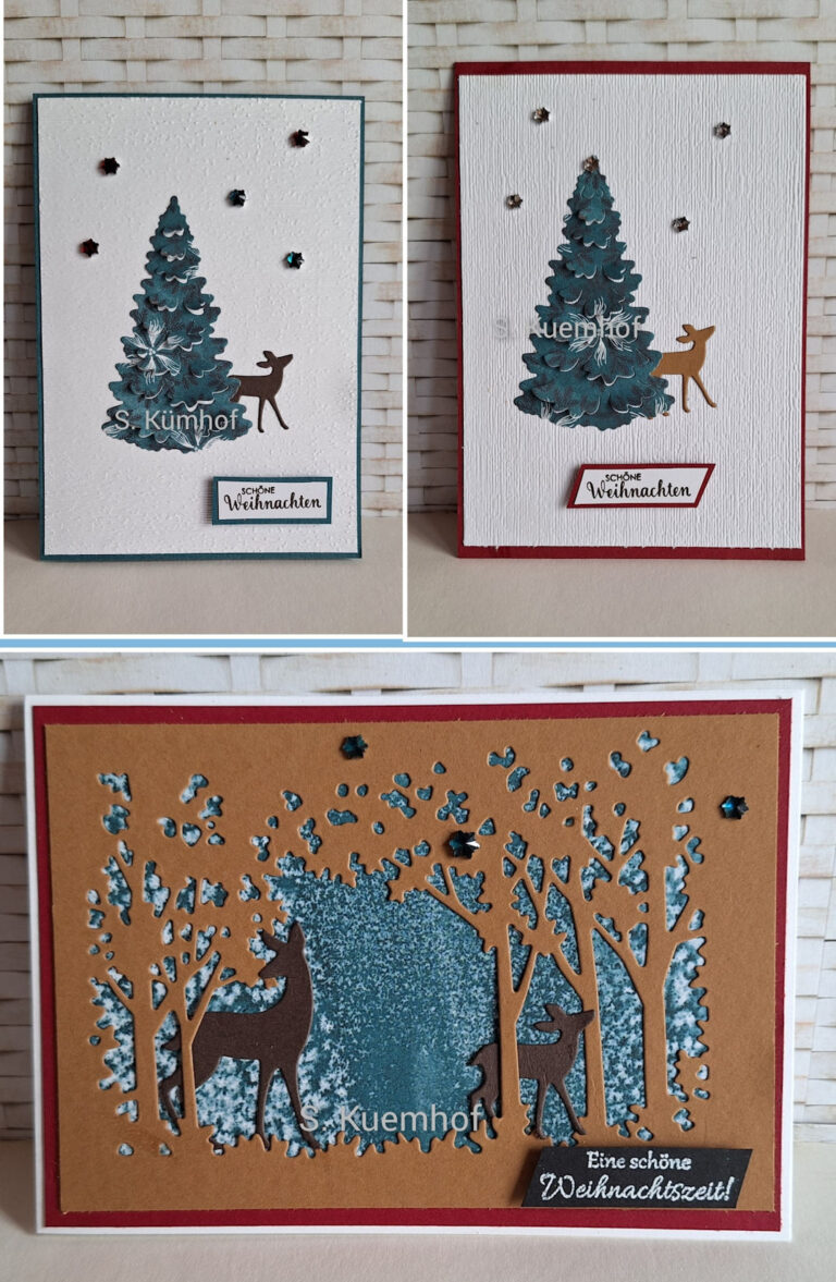 Drei handgefertigte Weihnachtskarten für "Mach was draus 25. Oktober" zeigen einen glitzernden blauen Baum, Hirschsilhouetten und deutsche Weihnachtsgrüße, die alle mit Sternen verziert sind und auf strukturierten Hintergründen stehen.
