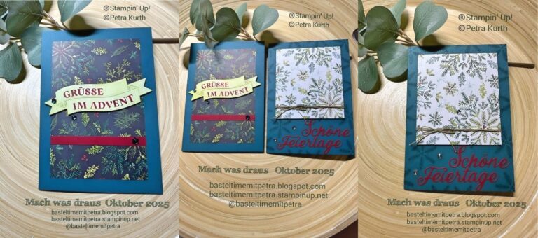 Vier handgefertigte Urlaubskarten mit deutschen Grüßen und dekorativen Mustern sind auf einer hölzernen Oberfläche ausgestellt, wobei jede mit dem Ersteller und den Blogdetails für Mach was draus 25. Oktober beschriftet ist.
