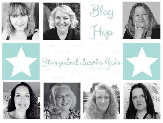 Eine Collage aus sieben Schwarz-Weiß-Porträts von Frauen umgibt einen deutschen Text über einen "Blog Hop: Stempelnd durchs Jahr" mit einer Auflistung der Monate, zwei weißen Sternen auf blauem Hintergrund und einer Anspielung auf Weihnachten 25.