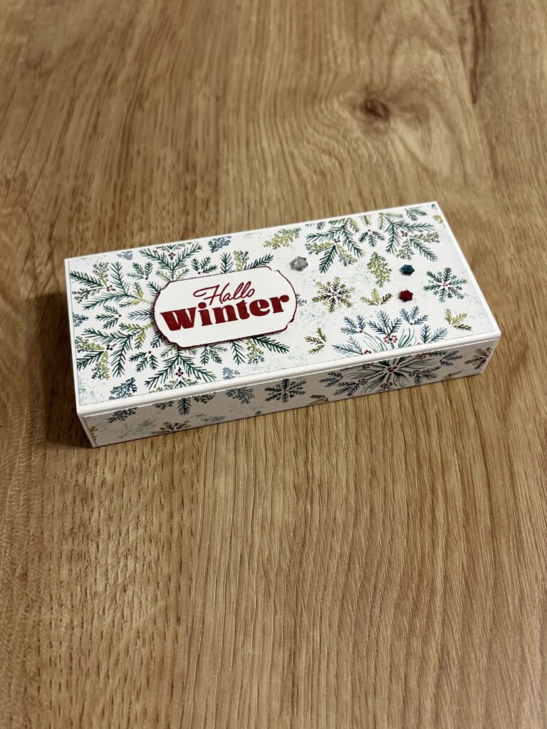 Eine rechteckige Schachtel mit der Aufschrift "Hallo Winter" auf dem Deckel, verziert mit Tannenzweigen und Schneeflocken, steht auf einer hölzernen Unterlage - perfekt für Ihr Projekt Mach was draus 25. Oktober.