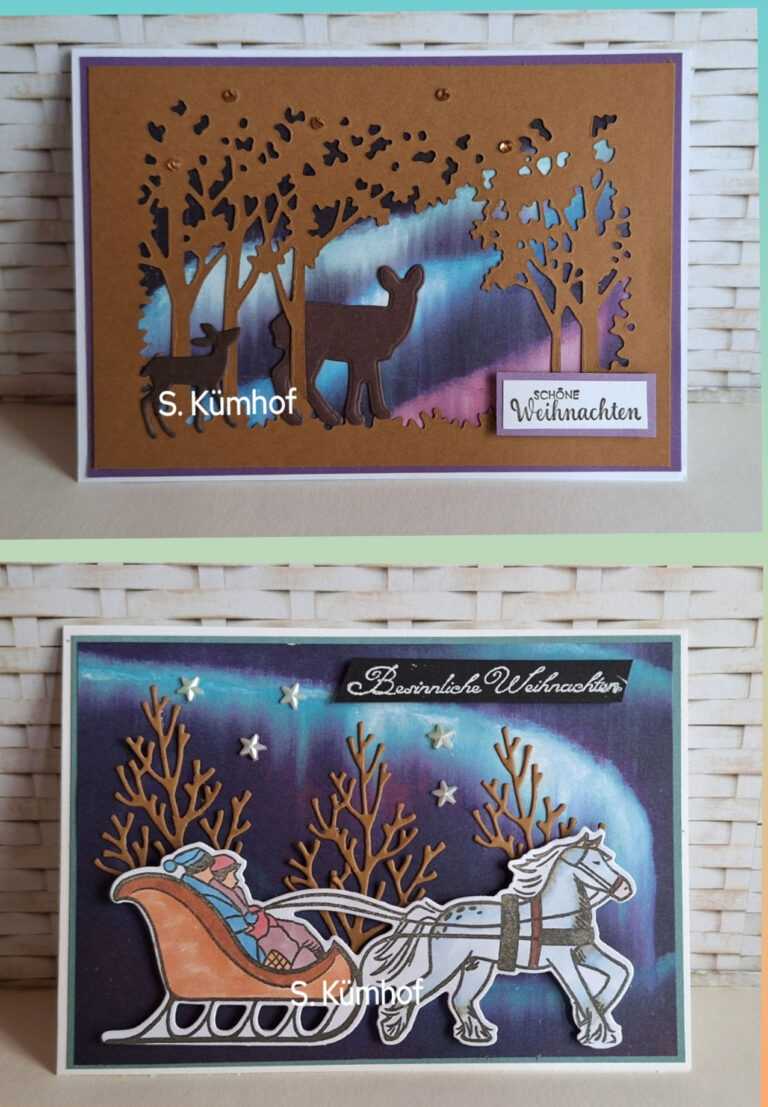 Zwei handgefertigte Weihnachtskarten: eine mit einer Hirsch- und Baumsilhouette auf braunem Hintergrund und eine mit einem Pferdeschlitten unter einem winterlichen Nachthimmel - die perfekte Inspiration für Mach was draus 25. Oktober.