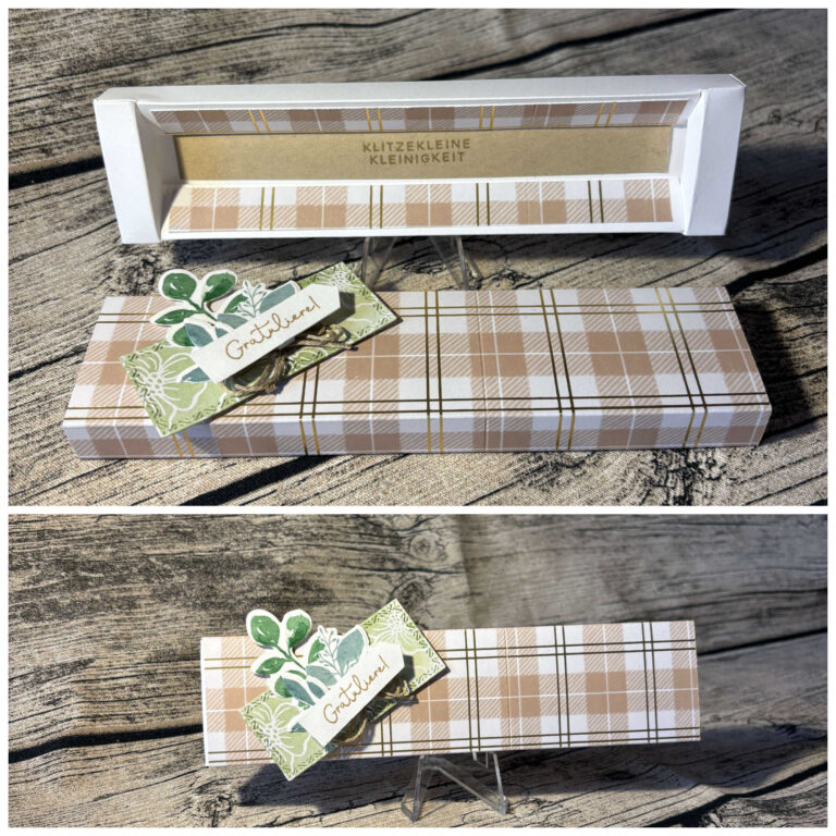 Eine rechteckige karierte Geschenkbox mit einem "Glückwunsch"-Schild und einem Pflanzenmotiv, Teil von Mach was draus 25. Dezember, wird offen und geschlossen auf einer rustikalen Holzoberfläche gezeigt.