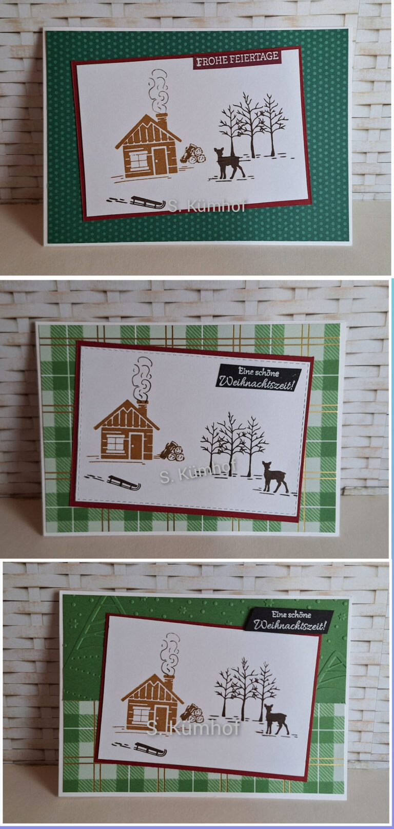 Drei handgefertigte Weihnachtskarten, inspiriert von Mach was draus 25. Dezember, mit gestempelten Hütten, Bäumen, Schlitten und Rehen mit deutschen Weihnachtsgrüßen auf festlich grünem und kariertem Hintergrund.