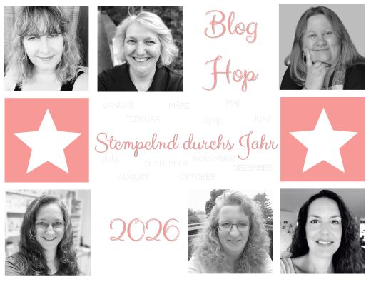 Eine Collage von sechs lächelnden Frauen, die um den Text "Blog Hop Stempelnd durchs Jahr 2026" angeordnet sind, mit Monaten des Jahres und Sterngrafiken in der Mitte, unterstreicht die Inspiration durch den Minikatalog Frühjahr 26.