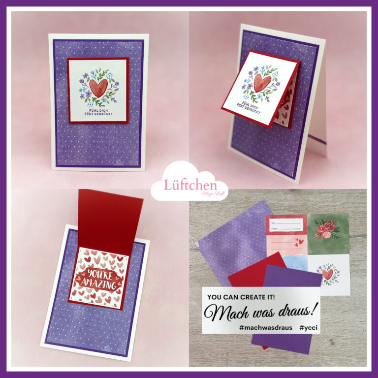 Vier Bilder zeigen eine handgefertigte Grußkarte mit lilafarbenem Hintergrund, Herz- und Blumendesigns, eine interaktive Klappe, Bastelmaterialien und eine Inspirationskarte aus dem Projekt Mach was draus vom 26. Januar.
