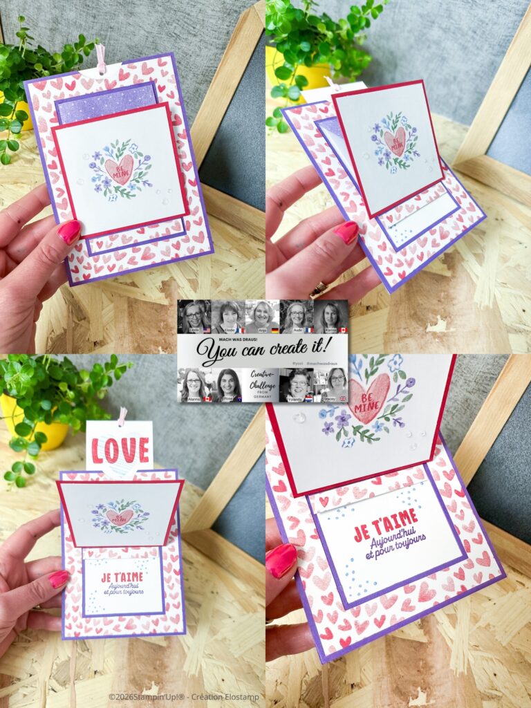 Eine handgefertigte Pop-up-Grußkarte mit Herzen und Blumenmustern, mit "LOVE", "JE T'AIME" auf Französisch und einem subtilen Hinweis auf "Mach was draus Januar 26", wunderschön auf einer Holzoberfläche präsentiert.