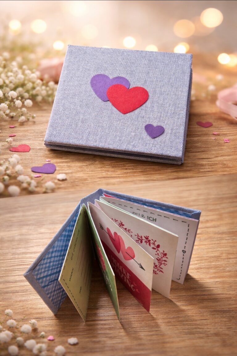 Ein kleines handgefertigtes Büchlein mit Herzverzierungen auf dem Umschlag, das für Mach was draus 26. Januar erstellt wurde, wird geschlossen und geöffnet auf einer hölzernen Oberfläche mit dekorativen Blumen und Bokeh-Lichtern im Hintergrund gezeigt.