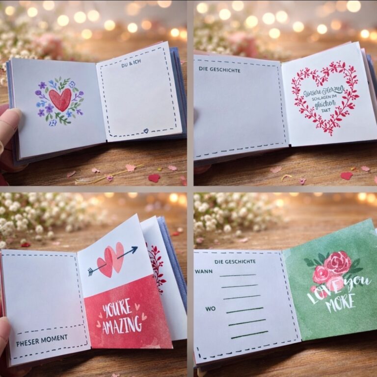 Ein kleines, aufgeschlagenes Büchlein wird in vier Tafeln mit handgemalten Blumen- und Herz-Illustrationen und Text gezeigt, darunter "YOU'RE AMAZING" und Platz zum Schreiben von Geschichten oder Momenten - perfekt für Mach was draus 26. Januar Inspiration.