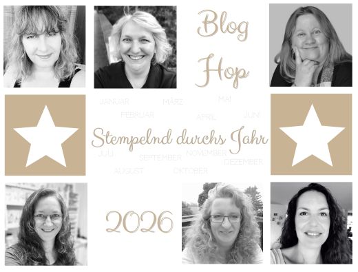 Collage von sechs Frauen, jede in einem separaten Schwarz-Weiß-Porträt, mit deutschem Text über die Blog-Hop-Veranstaltung "Stempelnd durchs Jahr 2026" und einer Notiz auf Exklusiv Online vom 26. Januar.
