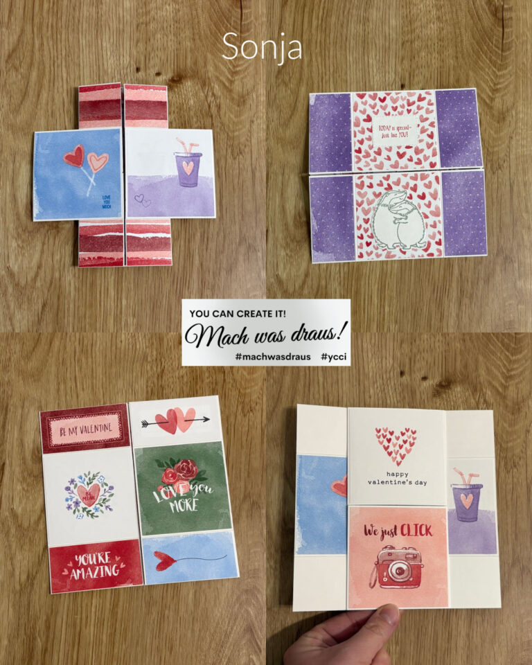 Eine handgemachte Valentinstagskarte entfaltet sich in Abschnitten und enthüllt romantische Botschaften und Illustrationen von Herzen, Blumen und einer Kamera auf einer hölzernen Oberfläche - die perfekte Inspiration für Mach was draus 26. Januar.