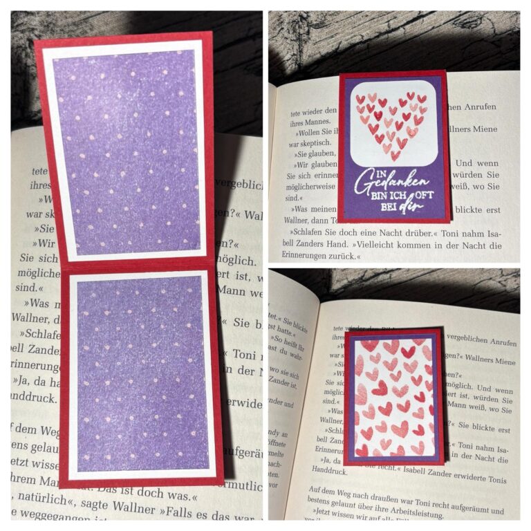 Ein handgefertigtes rechteckiges Lesezeichen mit lila und rosafarbenen Mustern, das allein und in einem aufgeschlagenen Buch abgebildet ist, zeigt auf einer Seite Herzmotive und den deutschen Text "Mach was draus Januar 26".