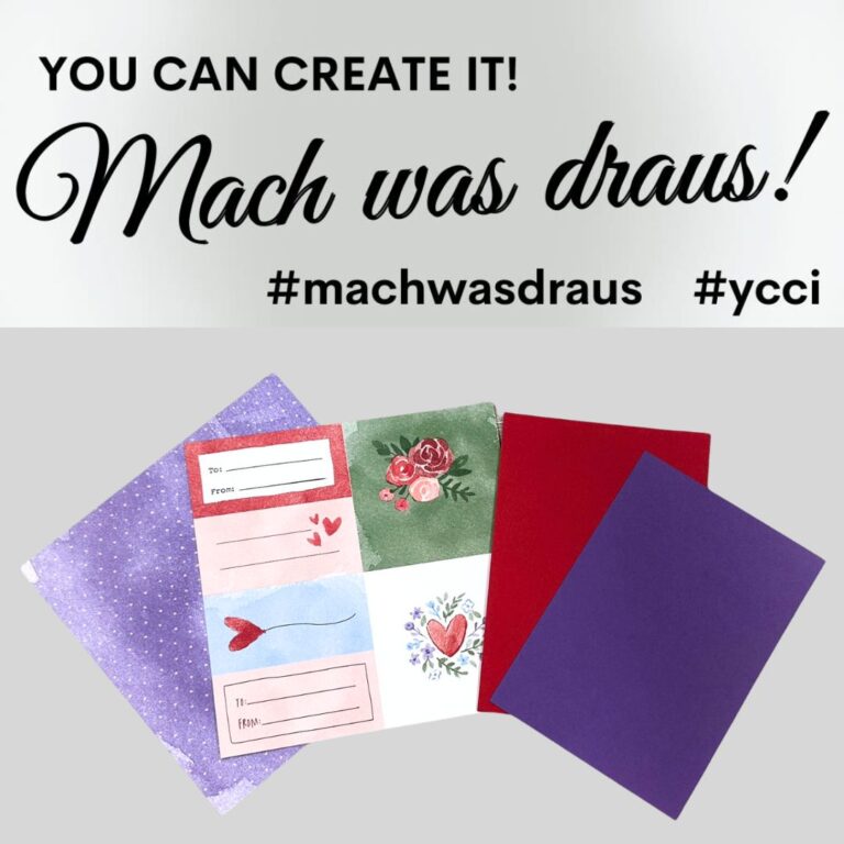 DSP mit verschiedenen Motiven und Farbkarton Glutrot und Amethyst sind unter dem Text "You can create it! Mach was draus!" und den Hashtags #machwasdraus, #ycci, und Mach was draus 26. Januar.