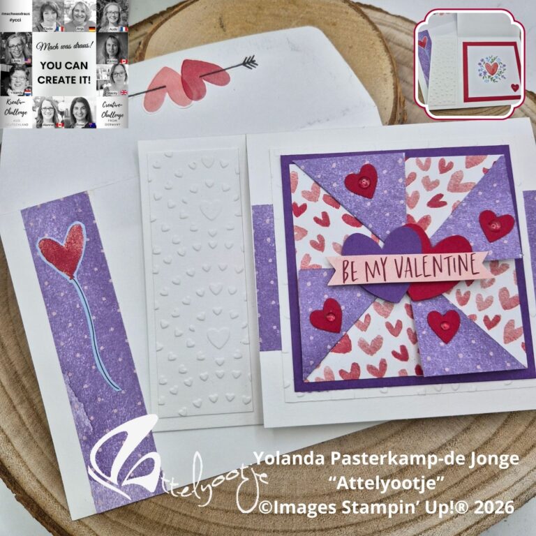 Handgefertigte Valentinstagskarte mit Herzen, "Be My Valentine"-Text und strukturierter weißer Platte - perfekt für Ihr Mach was draus-Projekt vom 26. Januar - wird mit passendem Umschlag und Bastelmaterial gezeigt.