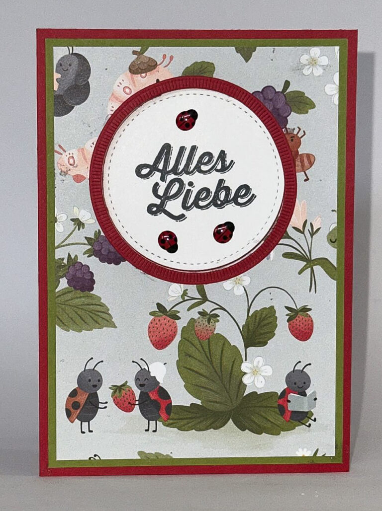 Eine Grußkarte mit den deutschen Worten "Alles Liebe" in der Mitte, umgeben von Marienkäferillustrationen, Erdbeeren, Blumen und kleinen roten Verzierungen - perfekt für Mach war draus 26. Februar.