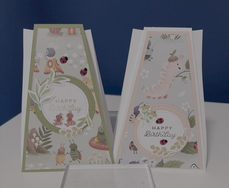 Zwei illustrierte Geburtstagskarten stehen aufrecht, jede mit Cartoon-Insekten und Pflanzen mit "Happy Birthday" Text in kreisförmigen Rahmen-perfekt für Ihre Mach was draus 26. Februar Feier.