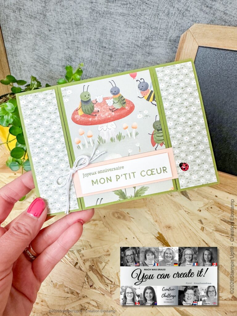 Eine Hand hält eine handgefertigte Karte mit Cartoon-Tieren, Blumen und dem französischen Text "Joyeux anniversaire MON P'TIT COEUR". Ein "Du kannst es schaffen!"-Flyer und ein "Mach was draus"-Detail vom 26. Februar sind ebenfalls zu sehen.