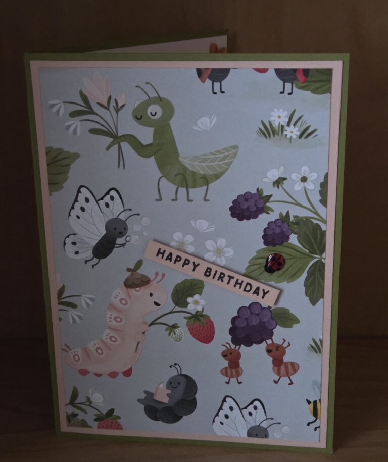 Eine Geburtstagskarte mit Illustrationen von Insekten, Beeren, Blumen und einer "Happy Birthday"-Botschaft in der Mitte - perfekt, um Mach was draus am 26. Februar stilvoll zu feiern.