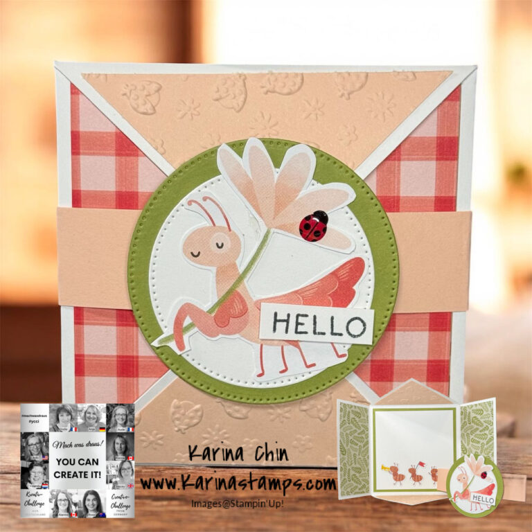 Handgefertigte Grußkarte mit einem rosafarbenen Insekt, das eine weiße Blume hält, dem Text "HELLO" und einer Marienkäfer-Verzierung auf einem runden Rahmen; inspiriert von Mach was draus 26. Februar. Kartendetails und Website unten.