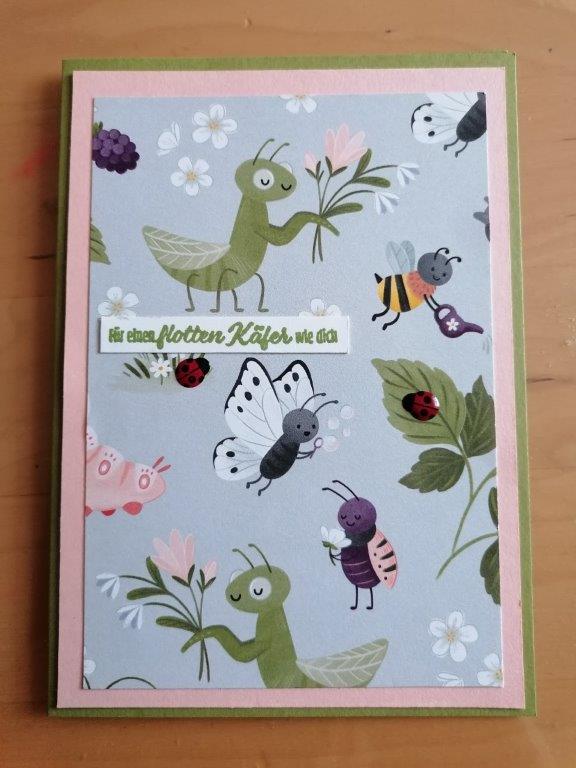 Grußkarte mit illustrierten Insekten, Blumen und Blättern auf hellem Hintergrund. Inspiriert von Mach was draus 26. Februar lautet ein grün umrandeter Textbereich: "Für einen flotten Käfer wie dich.