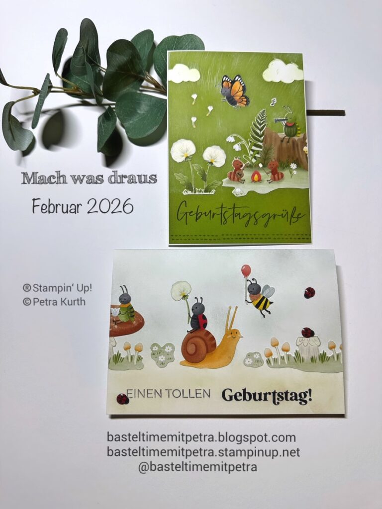 Zwei illustrierte Grußkarten mit Insekten und Naturszenen sind auf einer weißen Fläche mit Eukalyptusblättern abgebildet; deutscher Text und "Mach was draus Februar 26" sind neben Website-Links zu sehen.