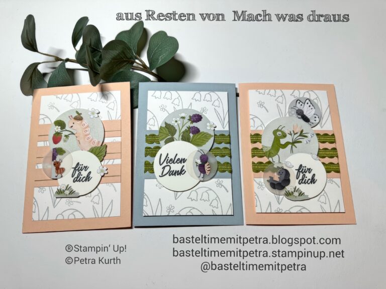 Drei handgefertigte Grußkarten mit Tier- und Pflanzenmotiven werden auf einer weißen Fläche mit grünen Blättern präsentiert. Jede Karte enthält einen runden Anhänger mit deutschem Text und dekorativen Elementen und ist Teil der Kollektion Mach was draus 26. Februar.