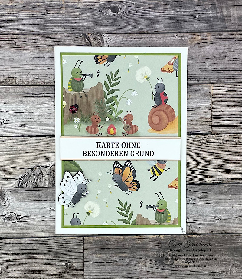 Grußkarte mit Cartoon-Insekten und Tieren auf grünem Hintergrund, mit dem deutschen Text "KARTE OHNE BESONDEREN GRUND" auf einem weißen Band in der Mitte - ideal für Mach was draus 26. Februar Projekte.