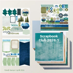 Scrapbook Club 2026-1 Set mit Stickern zum Thema Natur, gemustertem Papier in Grün- und Blautönen und abenteuerlichen Sprüchen für kreatives Scrapbooking.