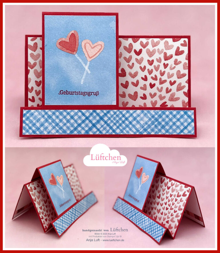 Handgefertigte Geburtstagskarte mit Herzmotiven und einem blau karierten Streifen im Stil der Treppenkarte mal anders, mit dem deutschen Text "Geburtstagsgruß" hochkant auf rosa Hintergrund.