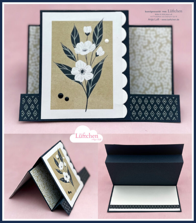 Handgefertigte Treppenkarte mal anders mit floralem Muster auf der Vorderseite, die aus mehreren Blickwinkeln gezeigt wird, um die einzigartige Faltung und die gemusterten Details zu zeigen.