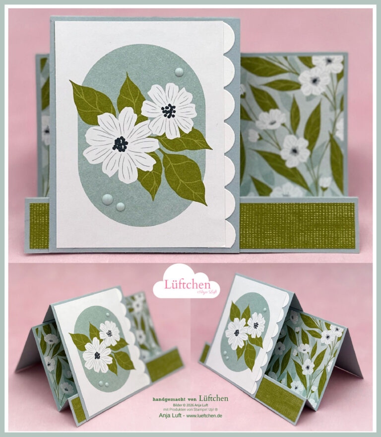 Die handgefertigten Treppenkarten mal anders zeigen weiße Blumen und grüne Blätter auf hellgrünem Hintergrund, die aus verschiedenen Blickwinkeln auf einer rosafarbenen Oberfläche dargestellt sind.