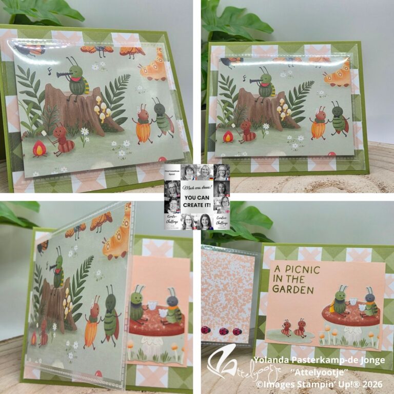 Handgefertigte Grußkarte mit Cartoon-Insekten beim Picknick im Garten, inspiriert von "Mach was draus 26. Februar", aus mehreren Blickwinkeln dargestellt mit dekorativem Papier und gestempelten Grüßen.