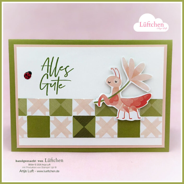 Eine handgefertigte Grußkarte für Mach was draus 26. Februar zeigt ein Cartoon-Insekt, das eine Blume hält, geometrische Muster, einen kleinen Marienkäfer und die deutsche Phrase "Alles Gute" auf der Vorderseite.