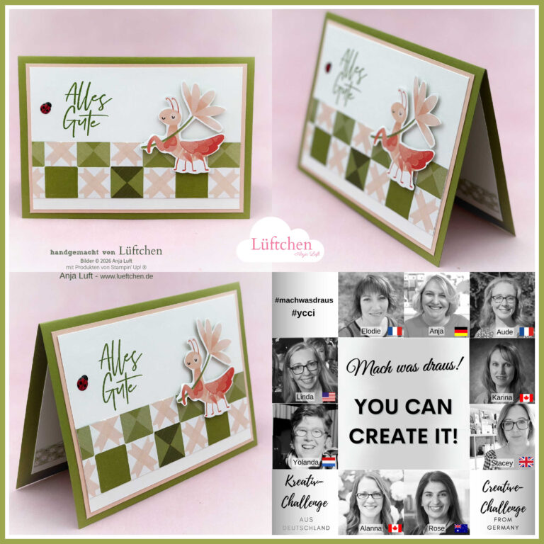 Eine handgefertigte Grußkarte mit einem rosafarbenen Drachen, dem deutschen Text "Alles Gute" und einem grün-rosa karierten Muster, die im Rahmen des Wettbewerbs "Mach was draus" am 26. Februar gezeigt wurde, wurde aus verschiedenen Blickwinkeln neben einer Collage mit Fotos der Teilnehmer gezeigt.