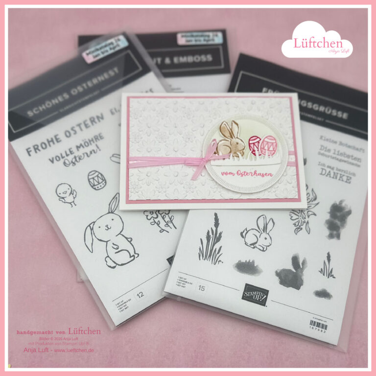 Handgefertigte Frühling/Ostern-Osterkarte mit einem Hasen- und Pilzmotiv, das auf drei Stempel- und Prägesets mit sichtbarem Lüftchen"-Schriftzug abgebildet ist.
