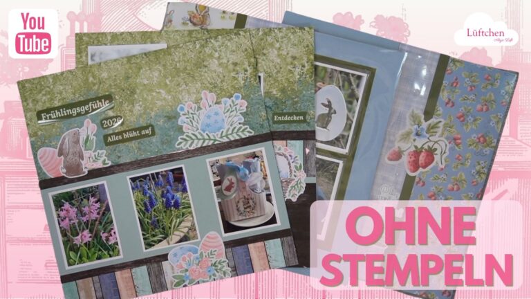 Ein Display mit handgefertigten Grußkarten mit Frühlings- und Naturmotiven, Blumen- und Tiermotiven und dem Text "OHNE STEMPELN" in fetten rosa Buchstaben - die perfekte Inspiration für Scrapbook ohne Stempeln oder kreative Fotoalbenseiten.