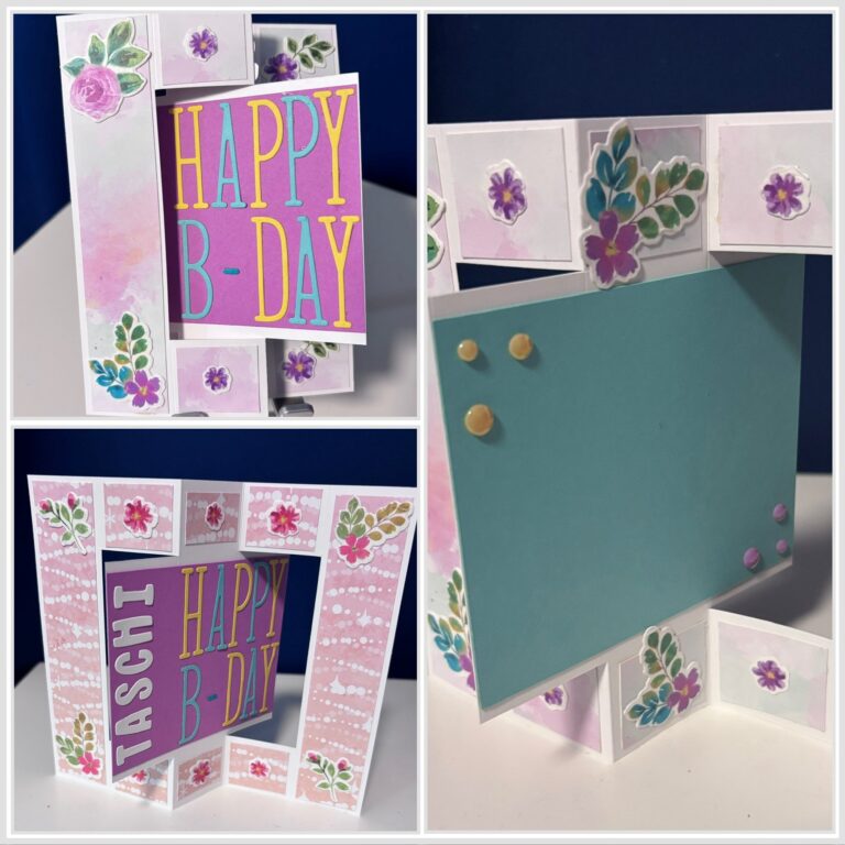 Eine handgefertigte, gefaltete Geburtstagskarte mit "HAPPY B-DAY" auf der Vorderseite, verziert mit lila und rosa Blumen und Paneelen - perfekt für Mach was draus 26. März; die Innenseite ist blanko mit floralen Akzenten.