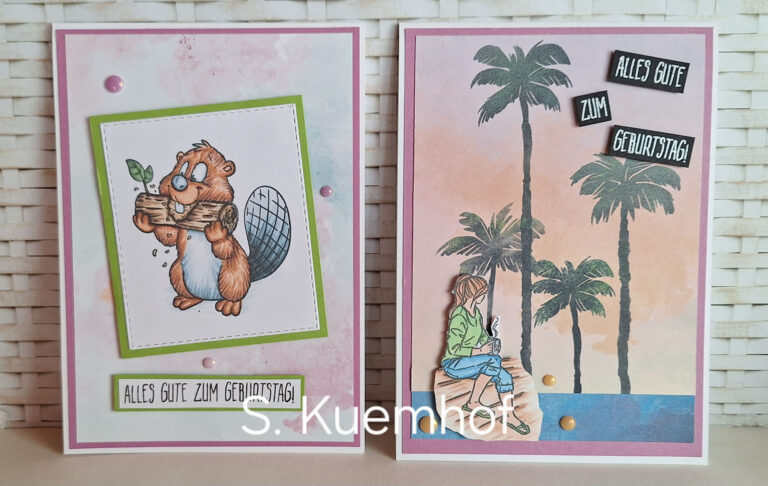 Zwei handgemachte deutsche Geburtstagskarten von Mach was draus 26. März: eine mit einem Cartoon-Biber, der eine Pflanze hält, die andere zeigt ein Mädchen unter Palmen bei Sonnenuntergang. Der Text lautet "Alles Gute zum Geburtstag.