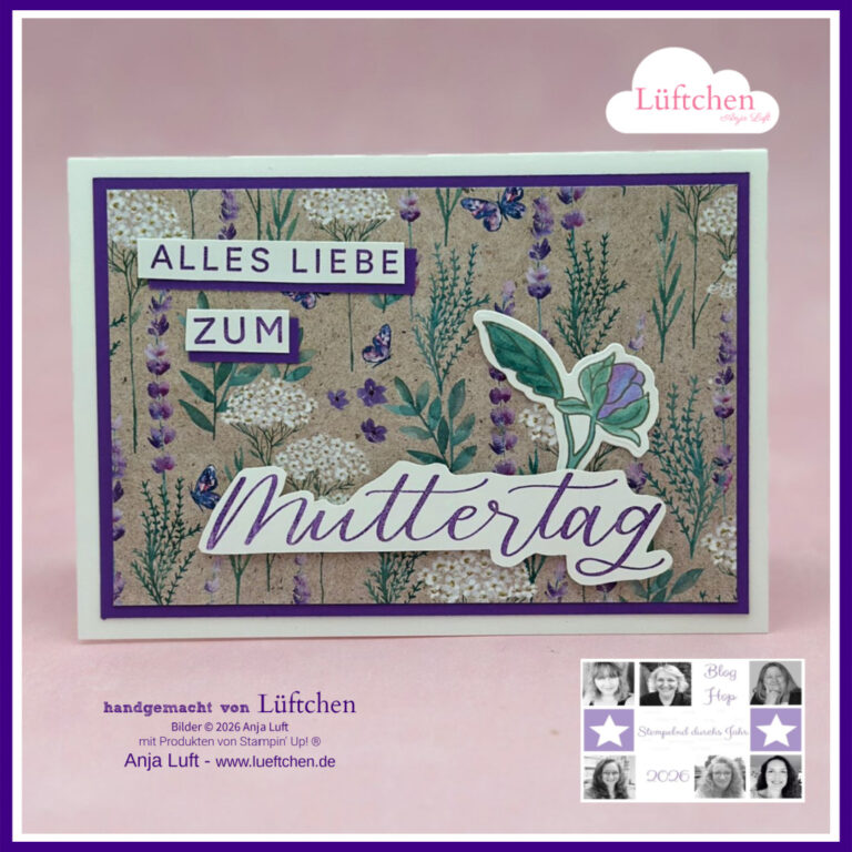 Eine handgefertigte Muttertagskarte mit Blumen- und Schmetterlingsmotiven, mit dem deutschen Text "Alles Liebe zum Muttertag" auf gemustertem Hintergrund - ein echtes Lieblingsstück, perfekt zum Ausverkauf erhältlich.