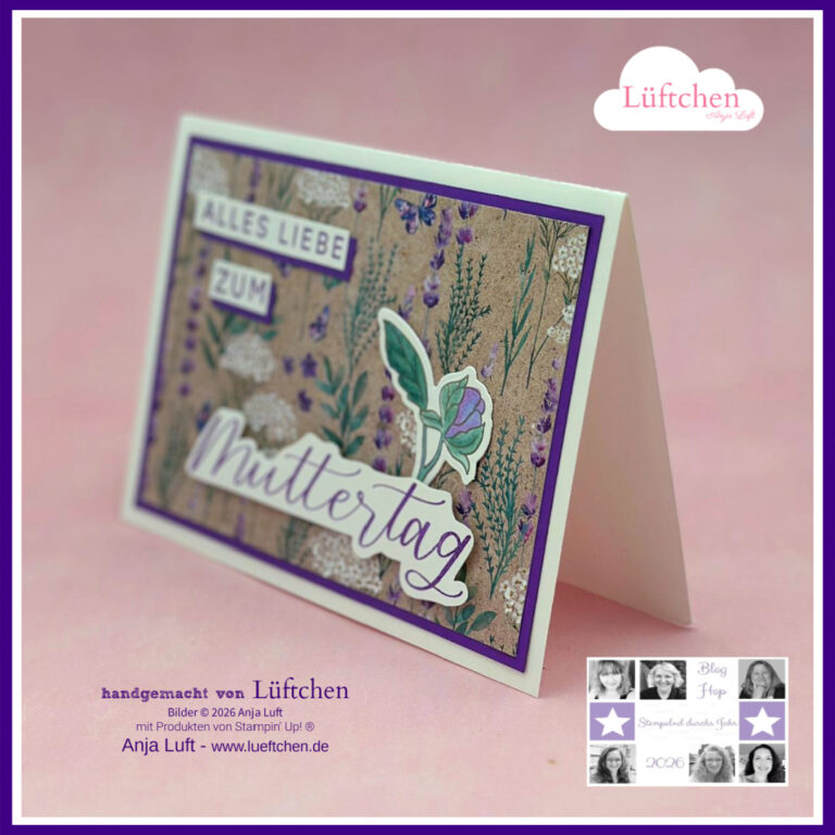 Eine handgefertigte Muttertagskarte mit floralen Motiven, deutschem Text und lila Akzenten auf rosa Hintergrund - ein echtes Lieblingsstück und perfekt für den Ausverkauf.