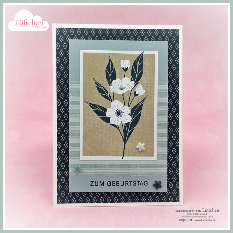 Eine handgefertigte, von Mach inspirierte Geburtstagskarte wurde am 26. März draus, mit einer Blumenillustration und dem Text "ZUM GEBURTSTAG" auf einem gemusterten Hintergrund.