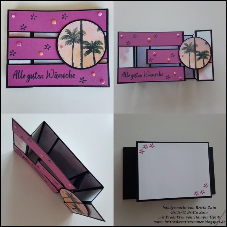Eine handgefertigte, mehrseitige Grußkarte aus der Kollektion Mach was draus März 26 zeigt eine rosafarbene Palme und den Satz "Alle guten Wünsche", der aus verschiedenen Blickwinkeln sowie in geöffneter und geschlossener Position dargestellt ist.